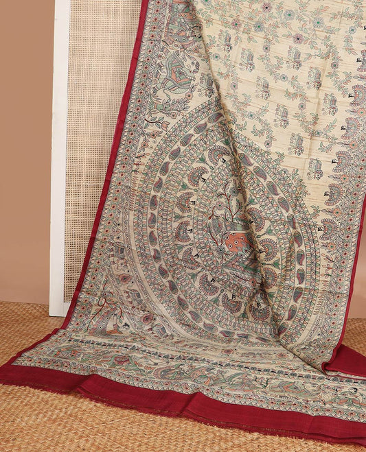 Cream madhubani style printed silk saree with contrast border