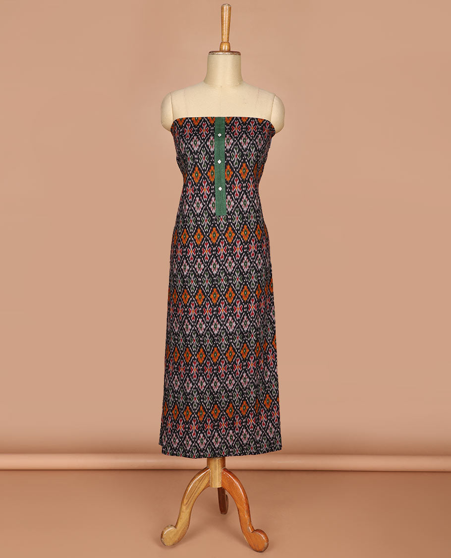 Green pochampally design flex cotton chudidhar material top with cotton pants & pochampally design dupatta