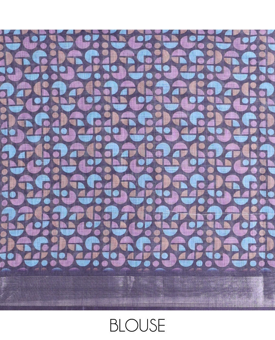 Blue Linen Cotton Saree, Steeped with Colorful Geometric Motifs Printed on Its Body, Highlighted by a Bavanji Zari Border, Geometric Motifs Printed Pallu, and Paired with a Printed Blouse