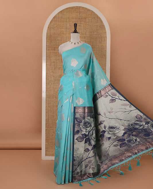 Borderless sea blue golden zari buttas woven mulberry silk saree, contrast rose floral digitally woven pallu & zari design blouse