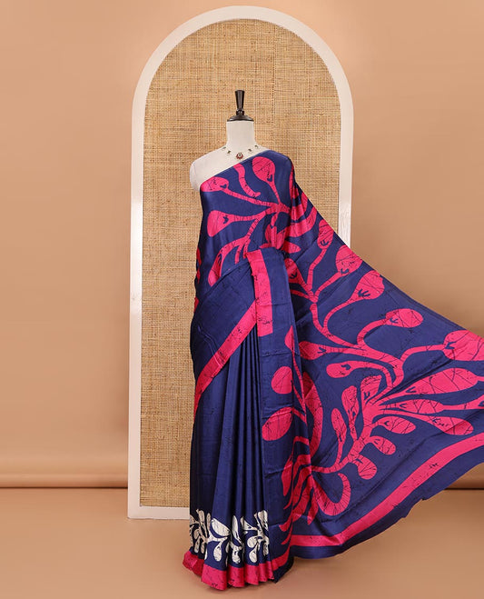 Borderless navy blue batik-style vine printed satin crepe saree, fancy printed self-pallu & batik printed blouse