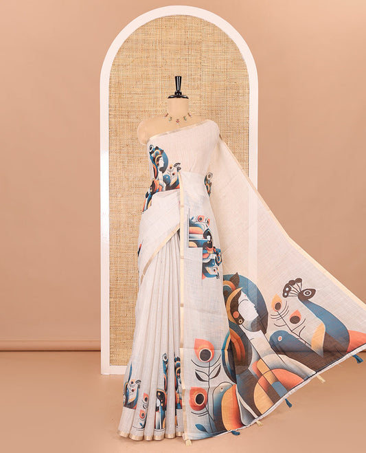 Chikku abstract Radha Krishna motifs printed linen cotton saree, gold zari piping border, Radha Krishna motifs printed pallu, and a peacock printed blouse