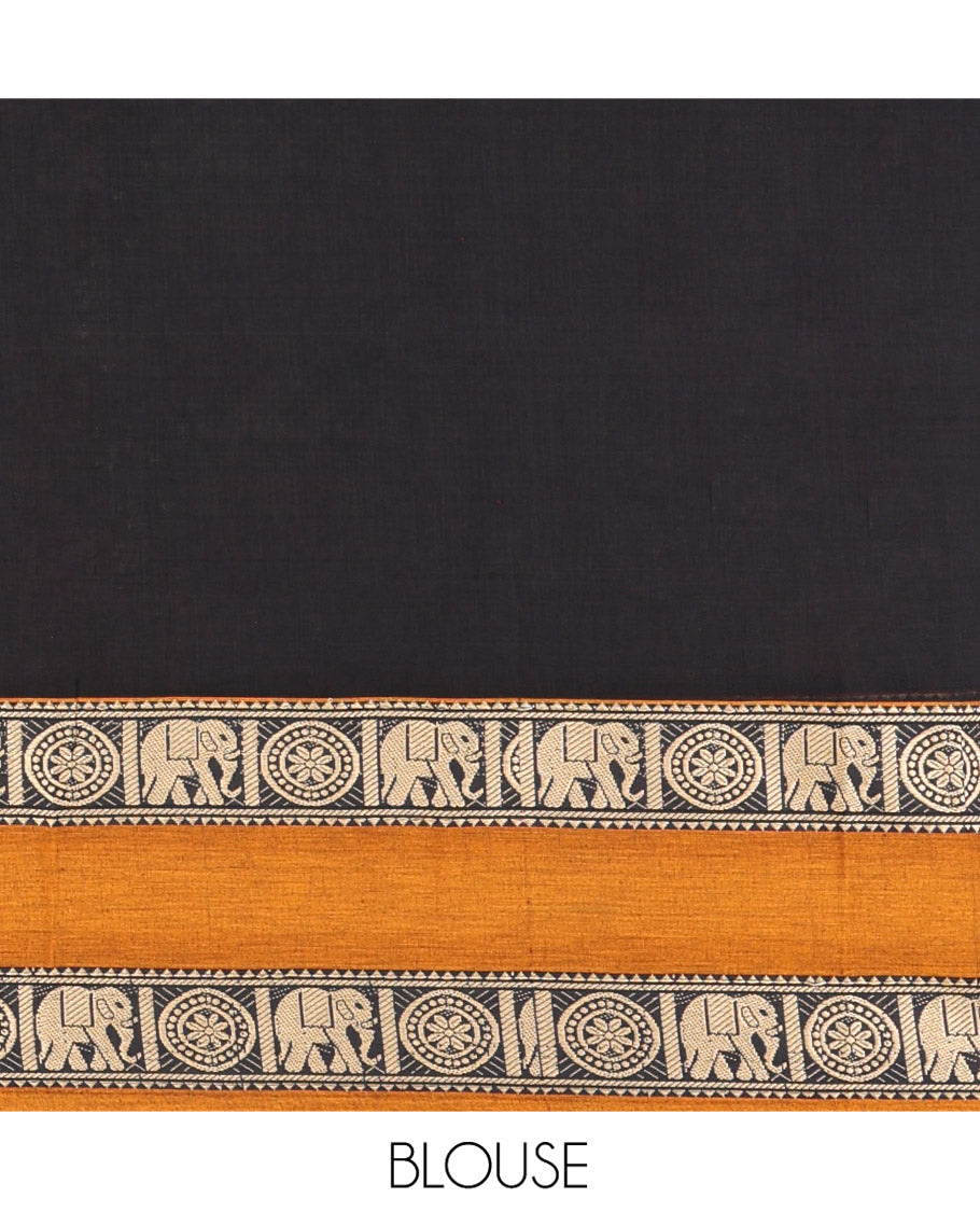 Black Plain Mercerised Cotton Saree, Complemented by a Contrast Ganga-Jamuna Rettai Pettu Thread Border of Temple, Elephant, and Chakram Designs, Subtly Striped Pallu, and Paired with a Matching Blouse