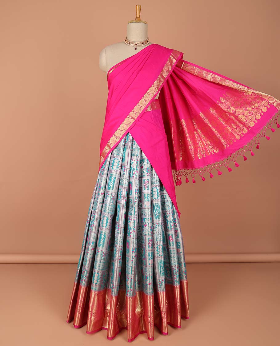 Blue geometric,floral design art-silk half saree, contrast traditional zari border,zari design blouse & intricate dhavani