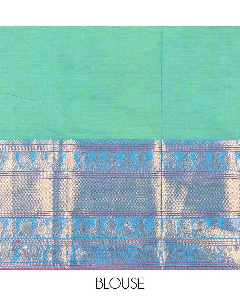 Rama Green Plain Checked Chettinad Cotton Saree, Contrast Traditional Zari Peacock-Elephant Border, and Matching Blouse