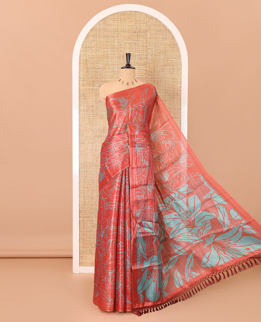 Borderless red big floral motifs printed tissue silk saree with floral printed pallu, and a contrast plain blouse