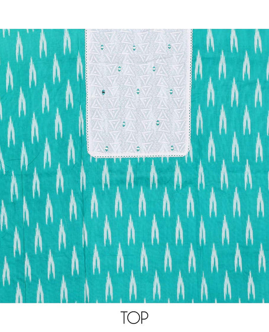 Blue chudidhar material set ikkat style design with geometric thread embroidey top , plain bottom & intricate printed design dupatta