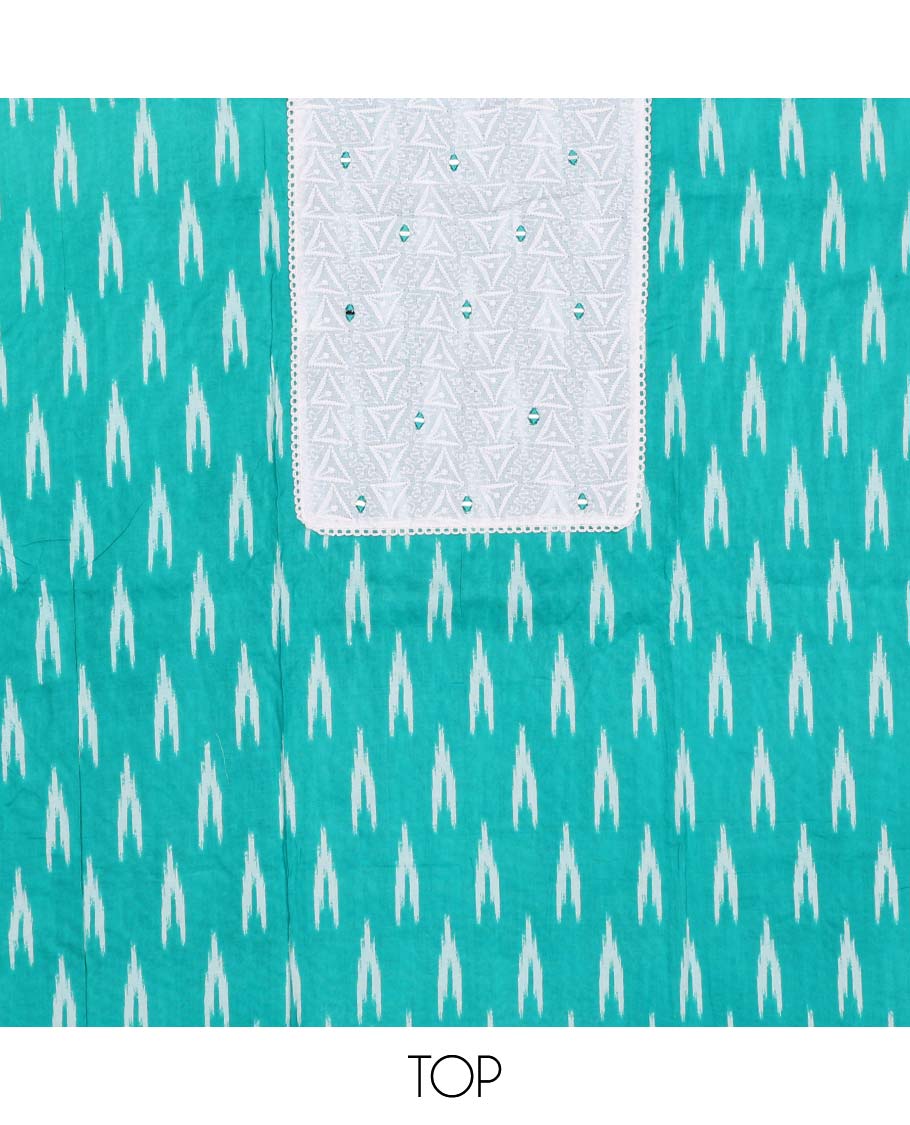 Blue chudidhar material set ikkat style design with geometric thread embroidey top , plain bottom & intricate printed design dupatta