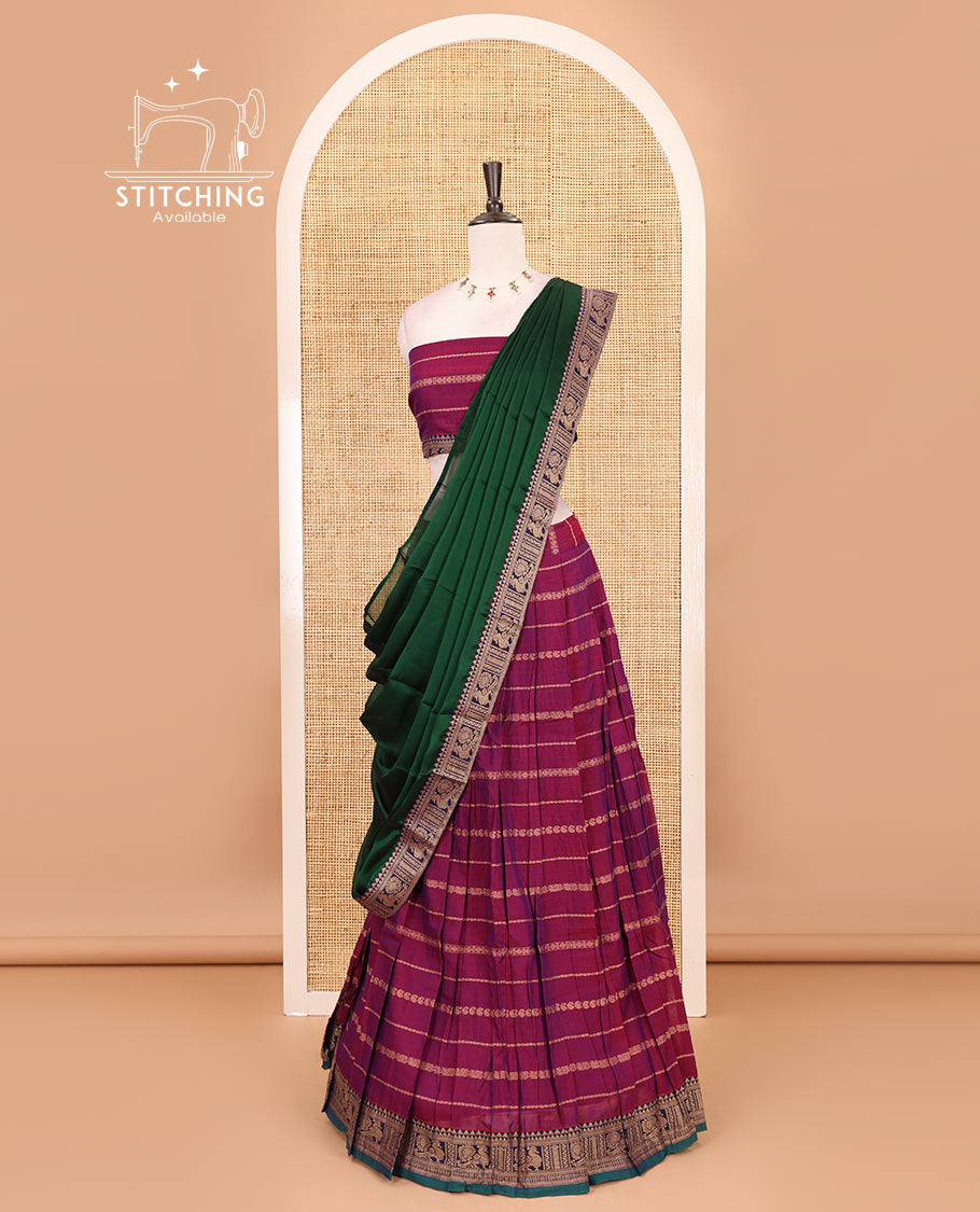 Magenta-green mercerised cotton half-saree, traditional design resham thread skirt, matching traditional design blouse & contrast syska georgette dhavani