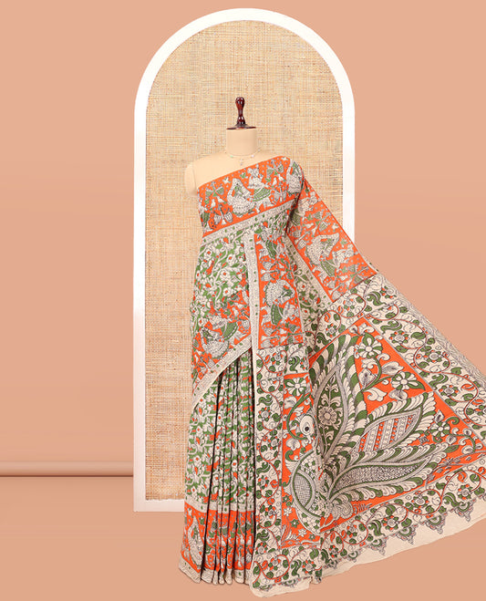 Multi-Color Kalamkari Cotton Saree, Graced Floral Vine Print, Contrast Printed Border, Kalamkari Peacock Motifs Pallu, and a Matching Blouse