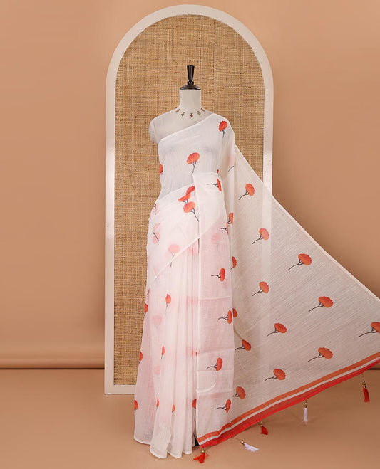 Borderless white tree-style motifs digital printed linen cotton saree with contrast printed blouse