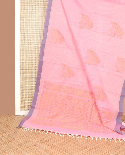 Light pink floral design kanchi cotton saree with contrast plain border & floral design pallu