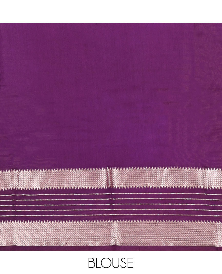 Violet Plain Assam Silk Saree, Complemented by a Contrast Traditional Zari Border, Zari-Striped Pallu, and a Contrast Blouse