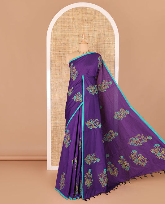 Borderless dark violet floral motifs block printed south cotton saree with a matching blouse and a contrast geometric printed blouse