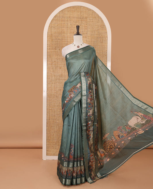 Green ancient human printed semi-tussar saree, traditional zari rettai pettu ancient human motifs printed border, printed pallu & running blouse