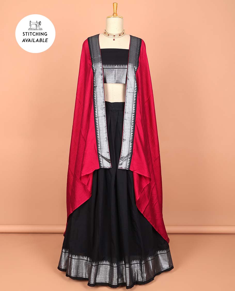 Green cotton half saree with contrast zari border, plain blouse & plain with zari border dhavani