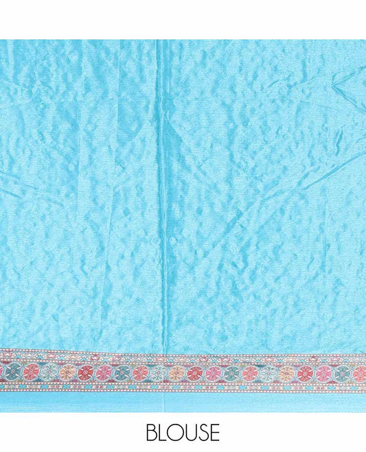Blue geometric design, mirror work synon silk saree with printed border, mirror work & printed blouse along with plain blouse