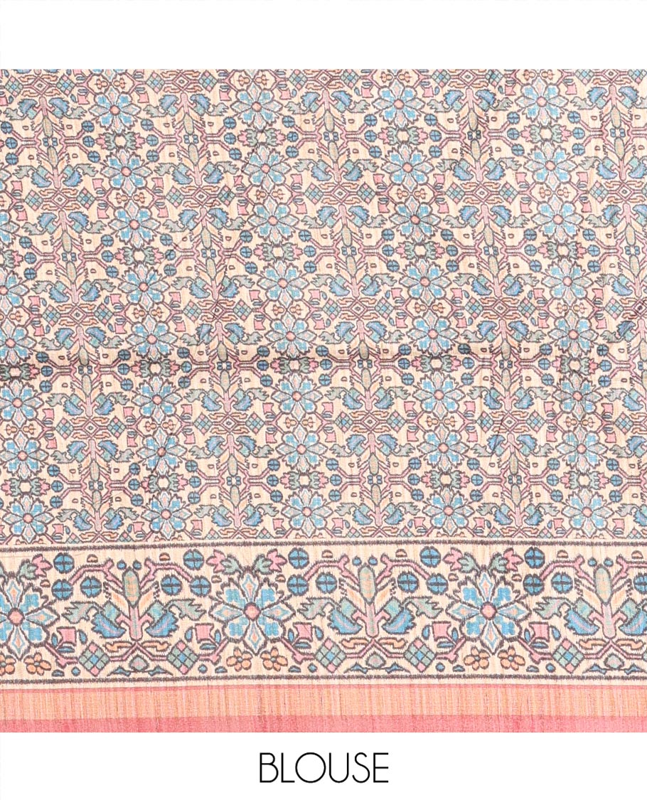 Pink Katan Silk Saree, Elevated with Checked Design On Its Body, Artfully Designed Madhubani Painting Theme Border, Pallu of Same Madhubani Print, and Paired with a Madhubani Printed Blouse
