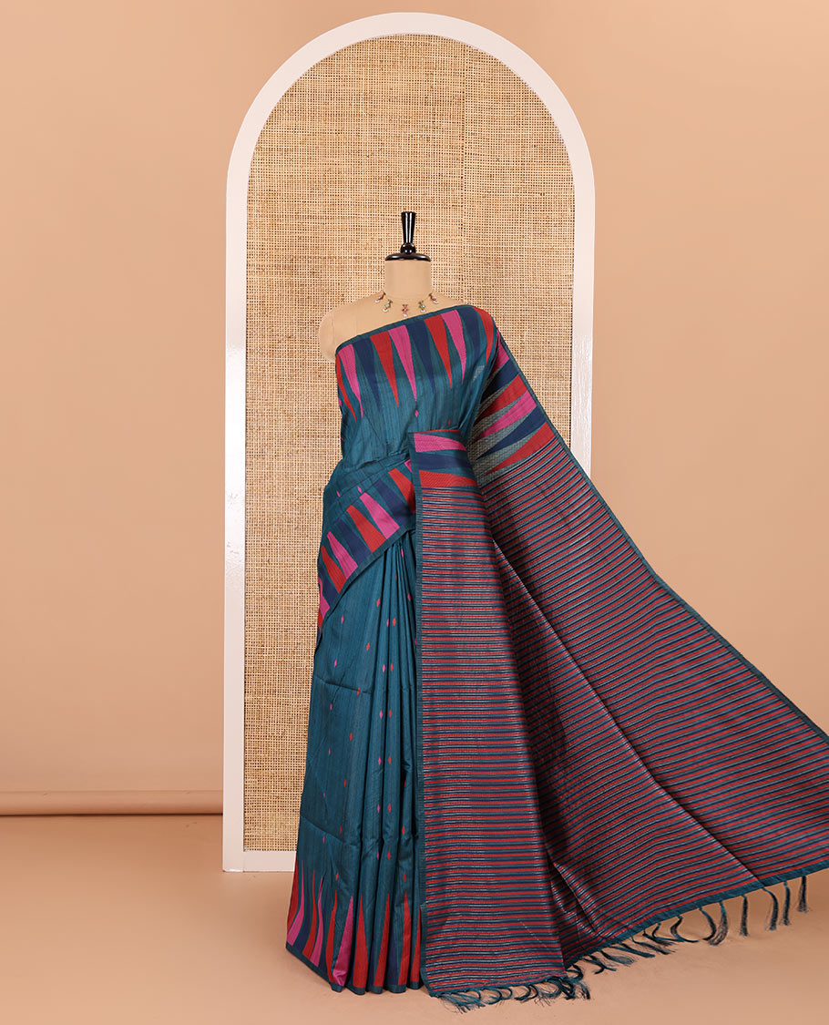 Peacock color thread buttas woven jute cotton saree, multi-color temple border, striped pallu, and a matching striped blouse