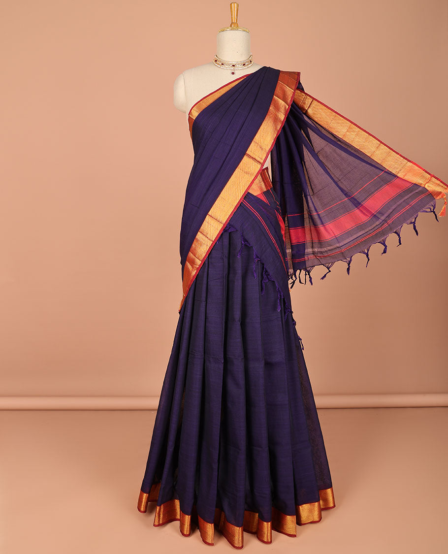 Blue cotton half saree contrast zari border with plain blouse & plain dhavani with zari designborder