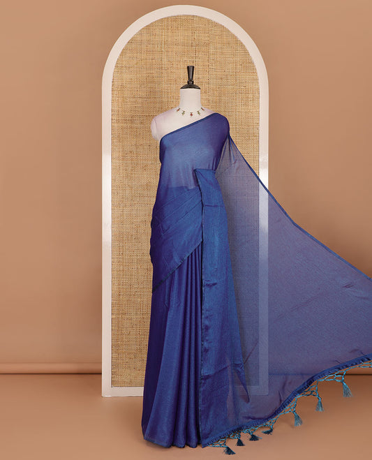 Borderless royal blue plain design viscose saree, flower motifs printed matching blouse