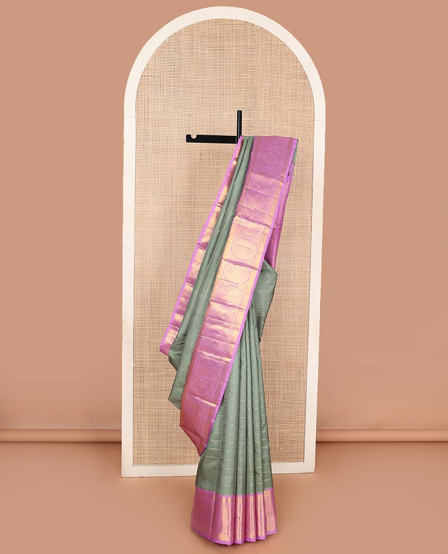 Grey veldhari zari stripes Kanchipuram korvai silk saree, contrast neer korvai border of rekku, muthu, mayil kann, and round chakram designs, and jaal pallu