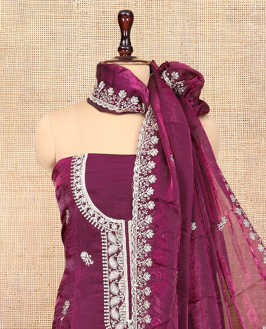 Dark Purple Fendi Organza Material Churidar Features Embroidered Top, a Santoon Bottom, a Scallop Embroidered Dupatta