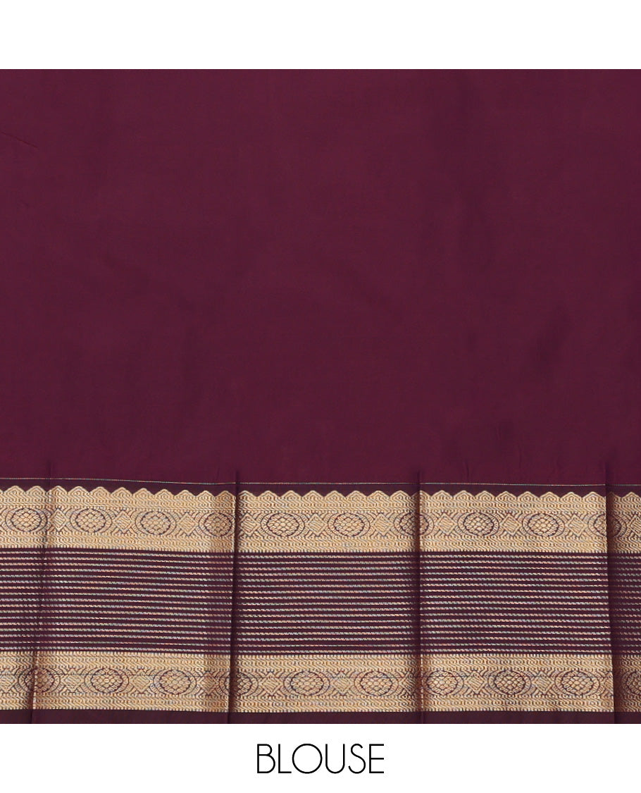 Lavender Budget Silk Saree, Embellished with Zari Buttas and Stripes, a Contrast Traditional Zari Border, Jaal Pallu, and a Contrast Blouse