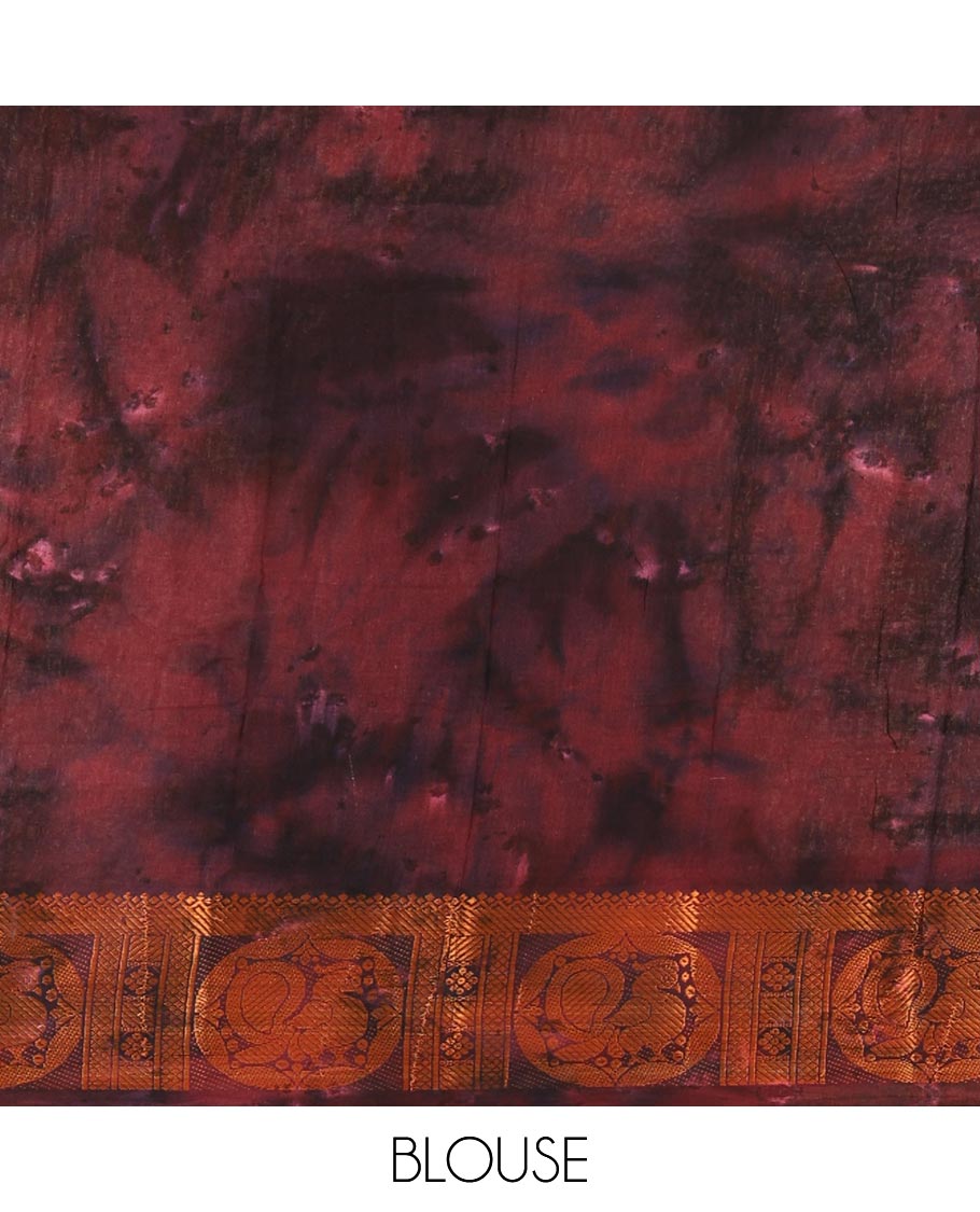 Wine shibori printed pure cotton saree, double side batik printed with traditional motifs border, floral printed pallu, and a shibori printed blouse