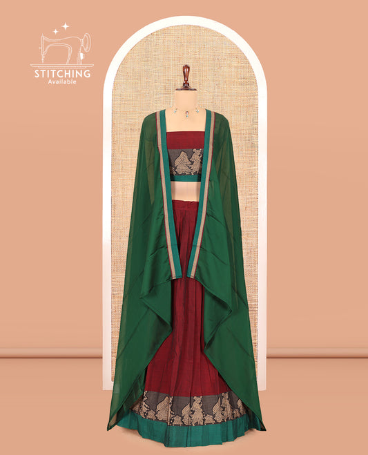 Maroon Mercerised Cotton Half-Saree Features a Plain Skirt, a Contrast Wedding-Themed Border, a Matching Blouse, a Contrast Dhavani