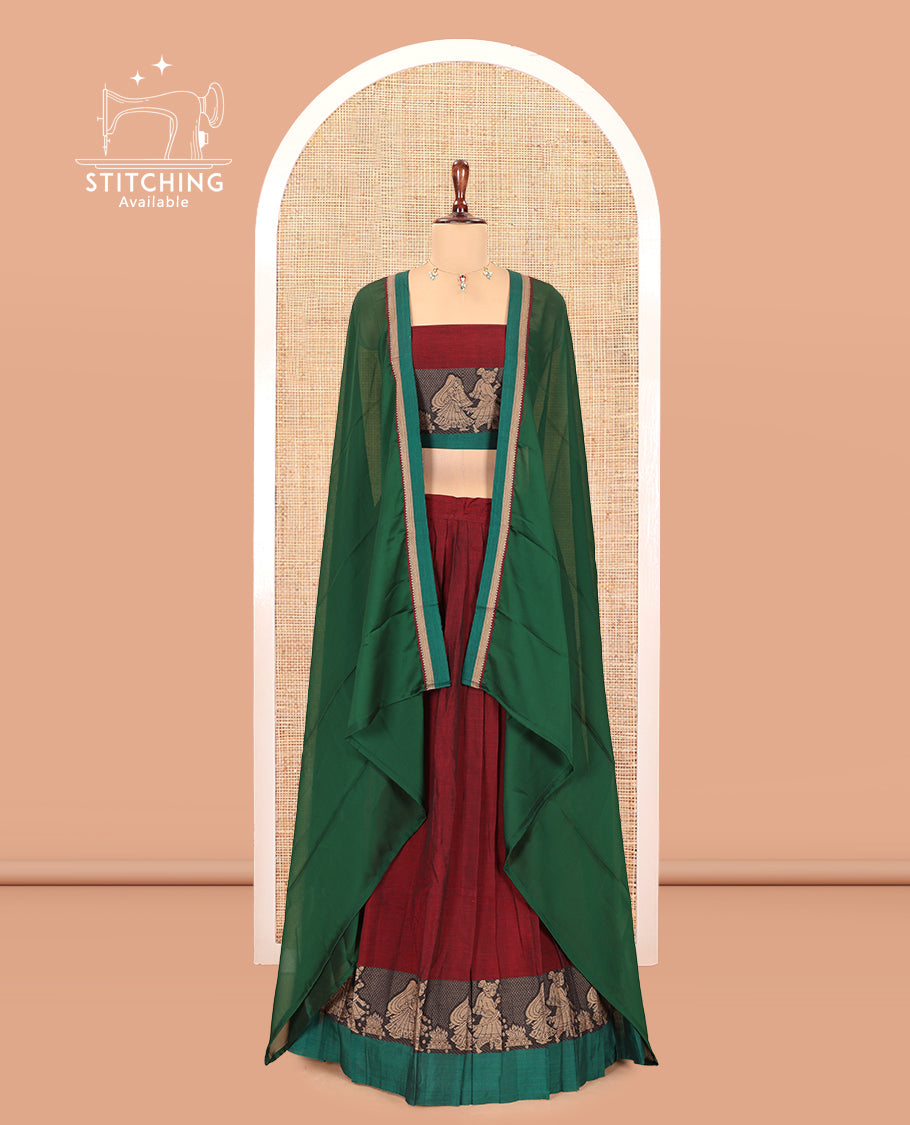 Maroon Mercerised Cotton Half-Saree Features a Plain Skirt, a Contrast Wedding-Themed Border, a Matching Blouse, a Contrast Dhavani