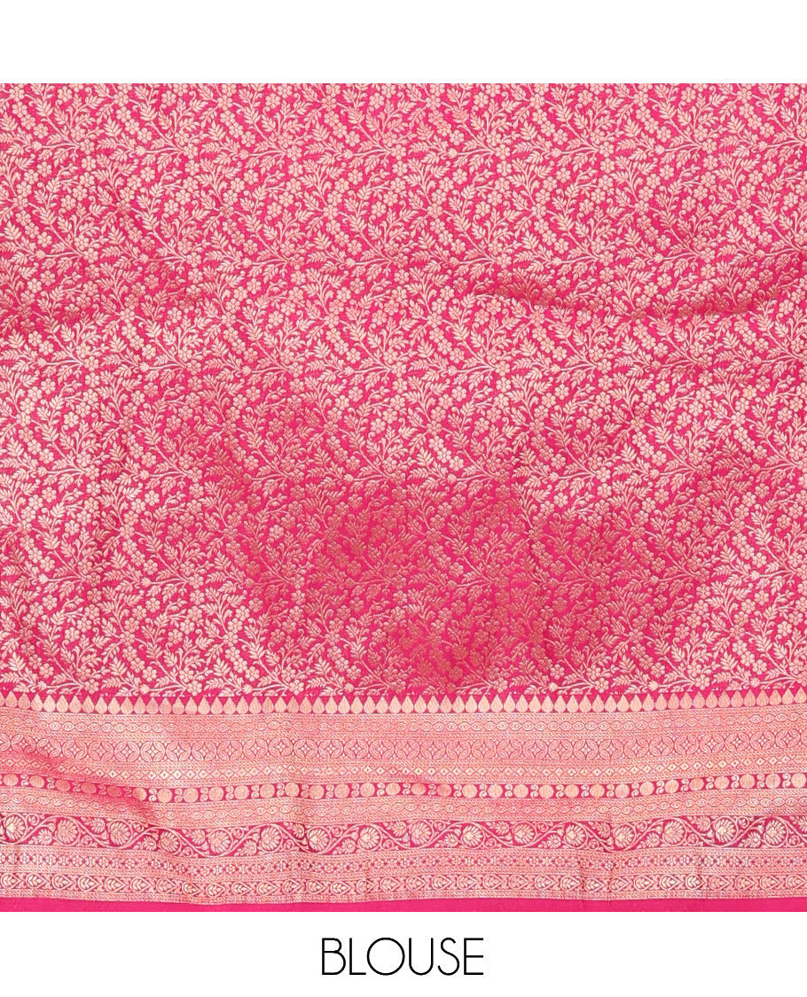 Pink Banarasi Half-Saree, Artfully Detailed with Jacquard Design Skirt, a Traditional Border, Matching Blouse, and Intricately Designed Dupatta