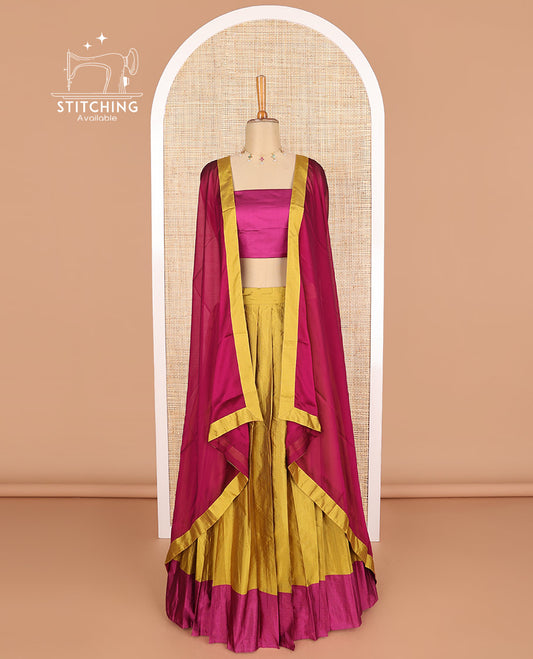 Mustard checked poly-cotton half saree with contrast border, plain blouse & plain, checked border dhavani