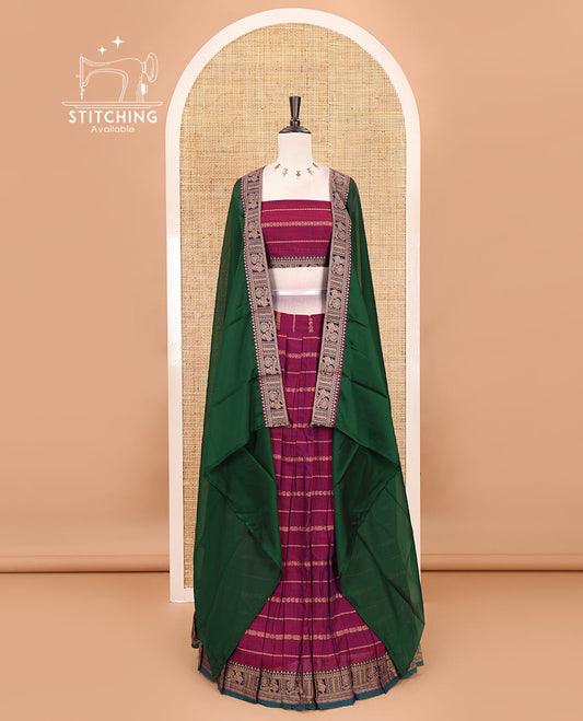 Magenta-green mercerised cotton half-saree, traditional design resham thread skirt, matching traditional design blouse & contrast syska georgette dhavani