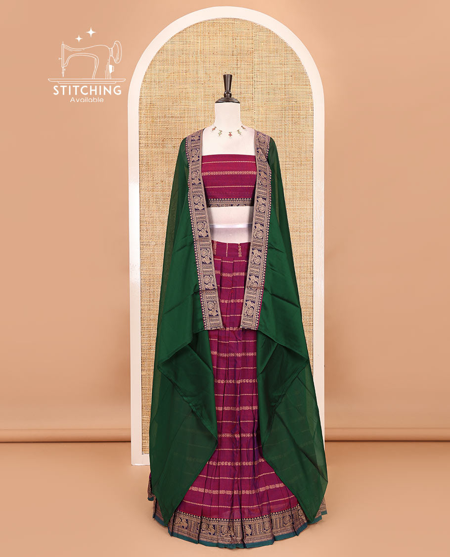 Magenta-green mercerised cotton half-saree, traditional design resham thread skirt, matching traditional design blouse & contrast syska georgette dhavani