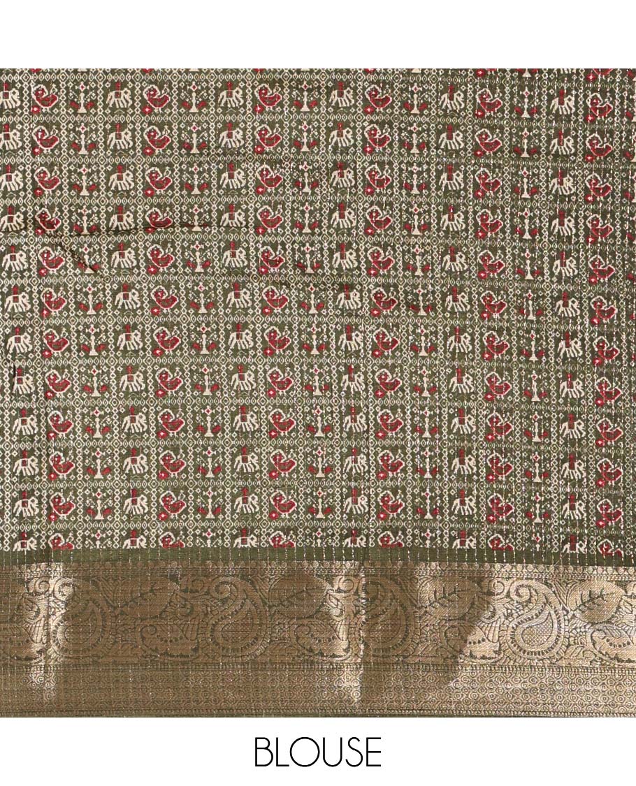 Chikku-mehendi green vertical striped, and animal motifs printed dola silk saree, contrast manga motifs zari border, animal motifs printed pallu, and a contrast printed blouse