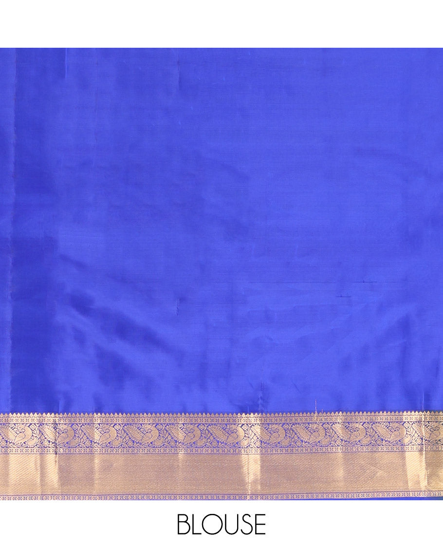 Blue Vasundhara Lite-Silk Mix Saree, Spotlighted with Yaanai, and Chakram Butta Enclosed Checks, Complemented by a Contrast Border of Thilakam, Poun, and Mayil Designs, Pallu Highlighted by Geometric Designs, and Paired with a Contrast Blouse