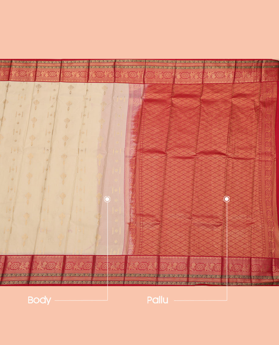 Cream Budget Silk Saree, Entralled with Zari Buttas All Over Its Body, Complemented by a Contrast Traditional Zari Design Border, Grand Jaal Pallu, and Paired with a Contrast Blouse