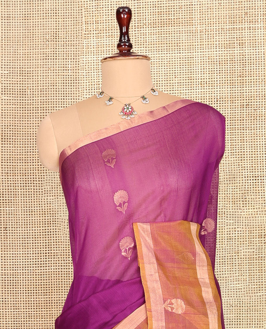 Purple Silk Cotton Saree, Mesmerized with Floral Buttas, Complemented by a Contrast Floral Zari Border, Grand Pallu, and a Contrast Blouse