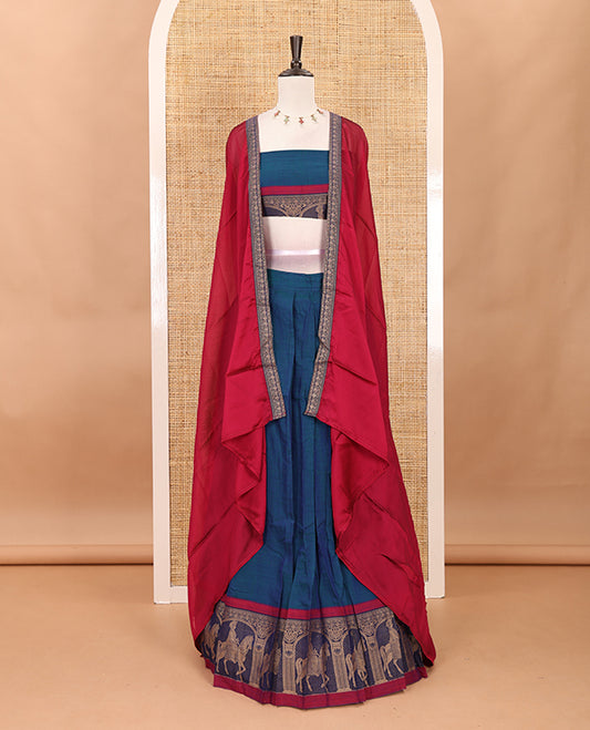 Blue with maroon mercedised cotton half-saree, contrast elephant zari border skirt, matching blouse & one side border georgette dhavani