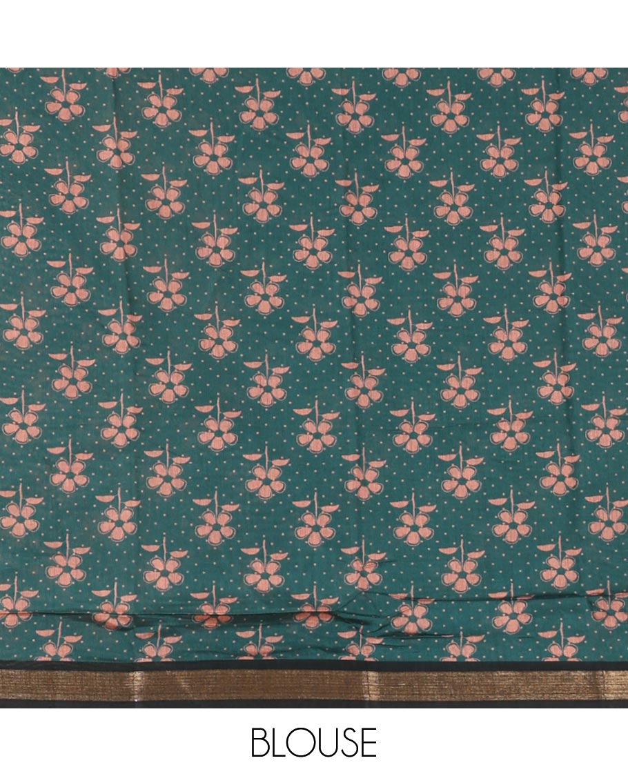 Green shibori-style printed muslin saree, contrast zari piping border, self printed pallu & shibori-style printed blouse