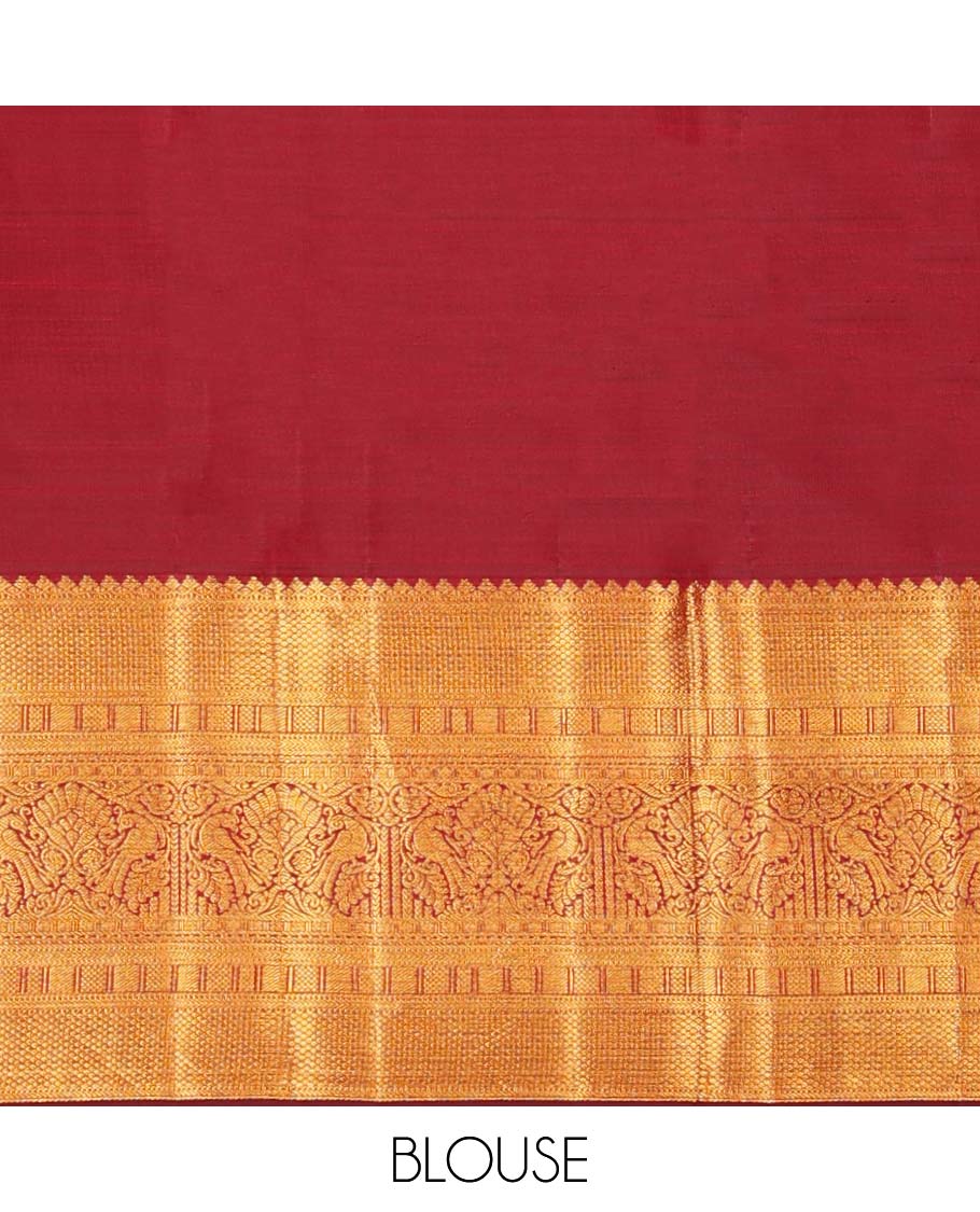 Maroon floral jacquard silk saree with contrast border of rekku,myil,kuyil kann designs & striped floral zari pallu