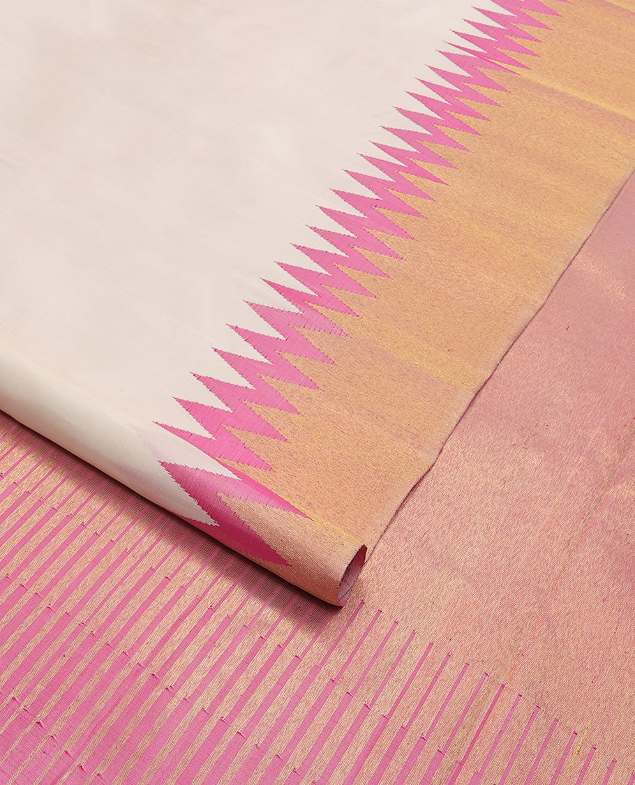 Borderless cream with pink silk saree with bhavanji pallu