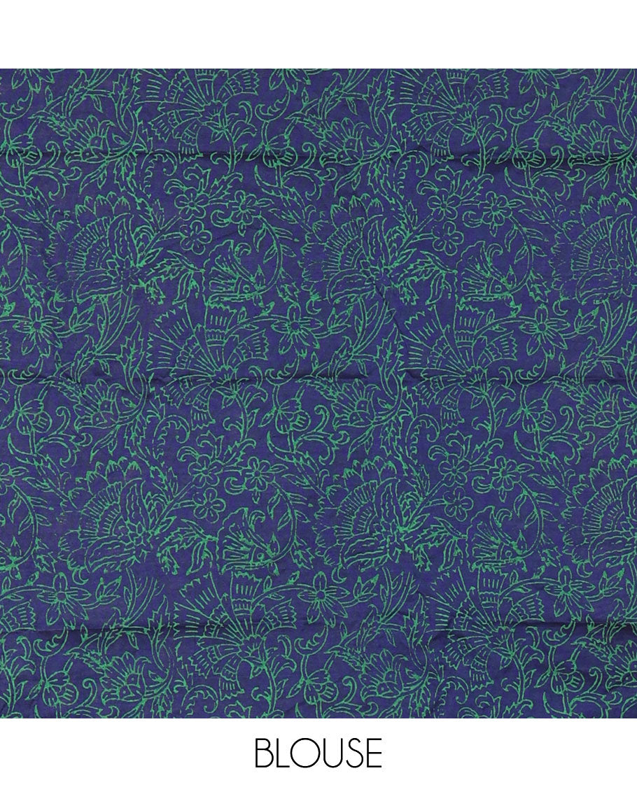 Cream plain South cotton saree, floral and honey hive printed border, a matching printed blouse, and a contrast floral vine printed blouse