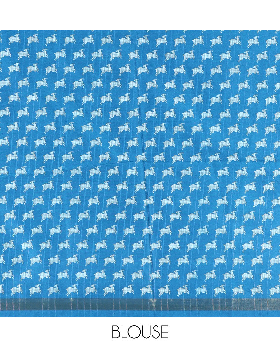 Purple Pochampally ikkat printed katan silk saree, contrast deer motifs printed zari border, jaal printed pallu, and contrast deer motifs printed blouse