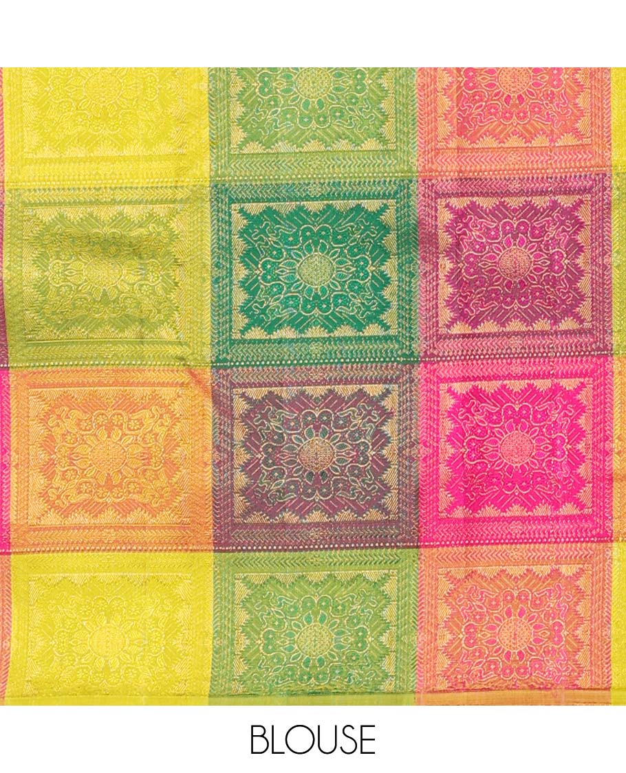 Borderless sandal zari buttas Kanchipuram silk saree, contrast multi-color pallu of intricate designs