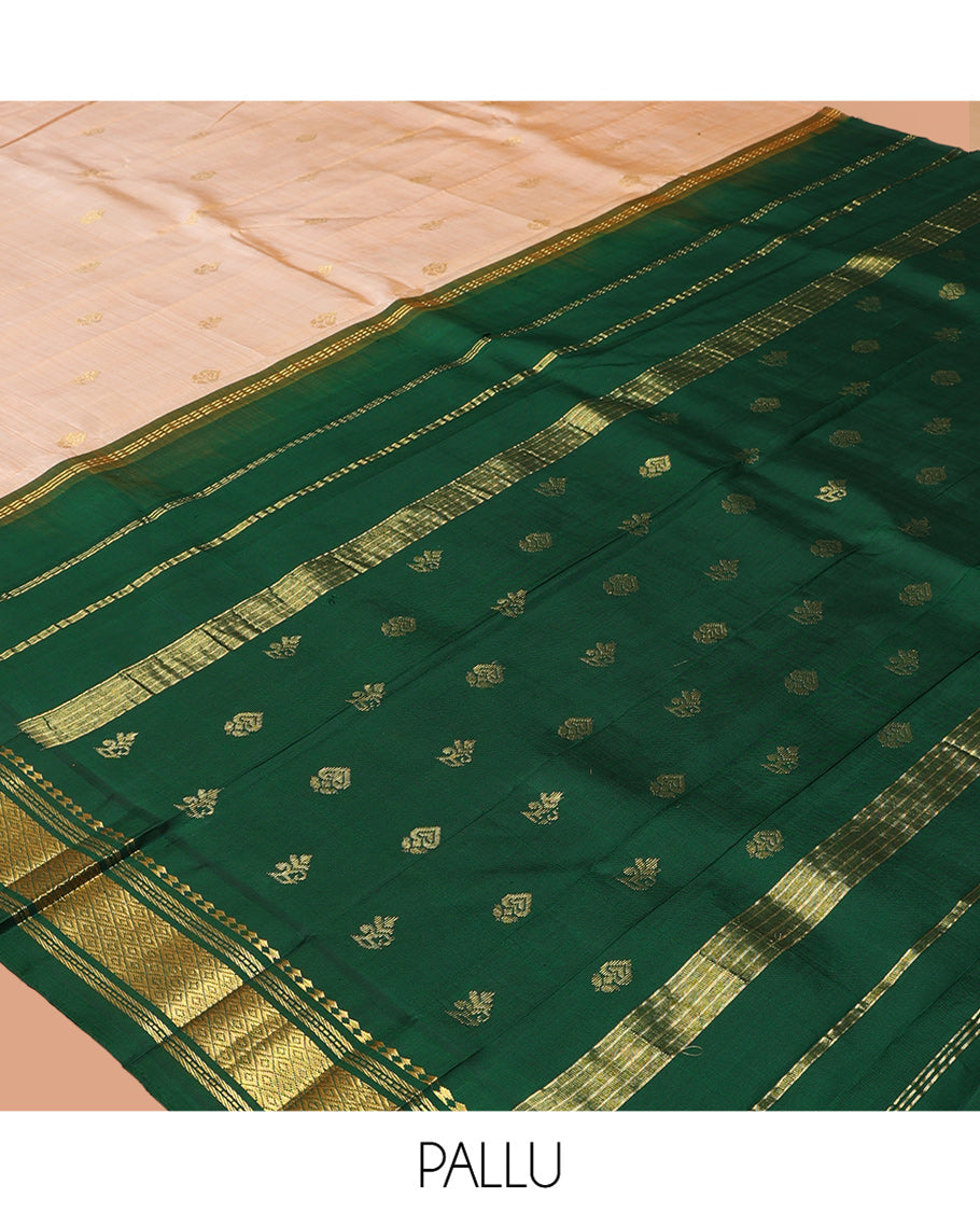 Sandal Zari Buttas Kanchipuram Silk Saree, Complemented by a Contrast Korvai Border of Panner Sombu, Muthu, Banaras, and Mayil Kann Design, Pallu of Zari Design, and No Blouse