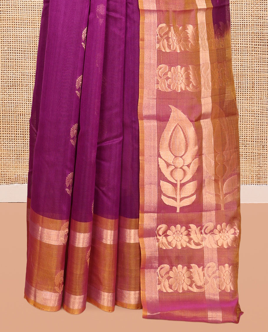 Purple Silk Cotton Saree, Mesmerized with Floral Buttas, Complemented by a Contrast Floral Zari Border, Grand Pallu, and a Contrast Blouse