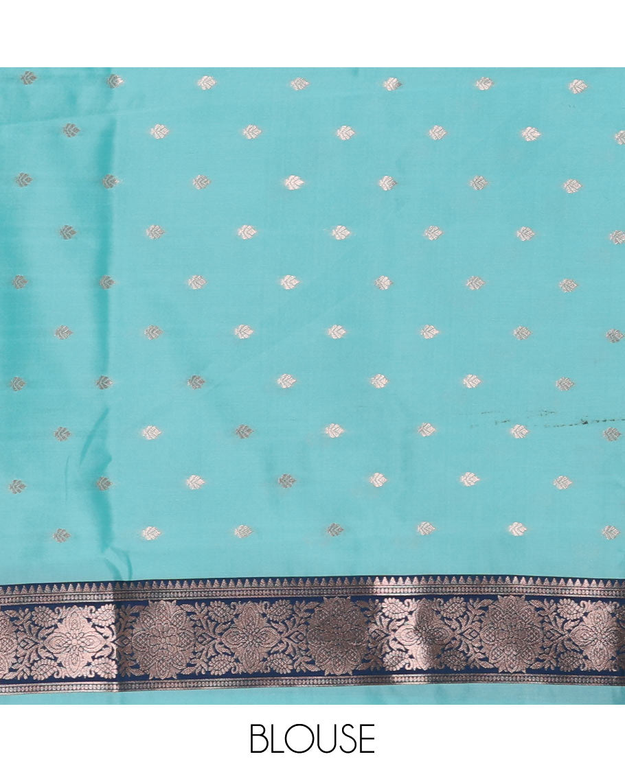 Borderless sea blue golden zari buttas woven mulberry silk saree, contrast rose floral digitally woven pallu & zari design blouse