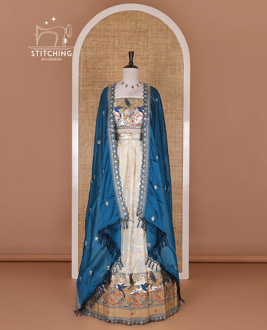 Cream banaras halfsaree, jaal jacquard skirt, contrast brown paithani border, matching blouse, and Syska georgette embroidered dhavani